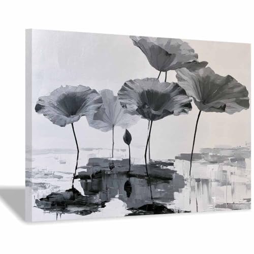 Tableau toile lotus gris XENIOU 60x90cm encadrée pour salon