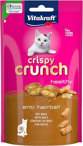 Vitakraft Crispy Crunch, Snack para Gatos, crujientes Almohadillas con cremoso Relleno de Malta para la prevención de Las Bolas de Pelo, sin azúcares añadidos (1x 60g) (Paquete de 6)