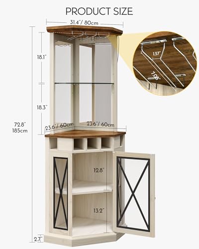 DWVO Corner Bar Cabinet with LED, 72" Tall Farmhouse Wine Cabinets, Liquor Stand w/Tempered Glass Door & Adjustable Shelf, Alcohol Storage with Wine Rack & Glass Holder for Living Room, Off White