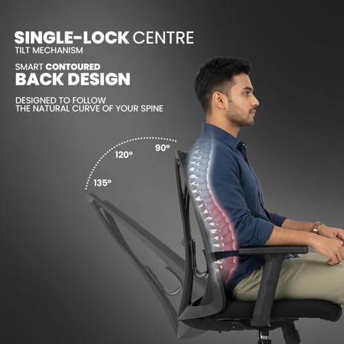 Image of Kepler Brooks Crest Office Chair for Work | 3-Year Warranty | Ergonomic Office Chair, Study Chair for Home, 1D Arms, Adjustable Lumbar, Single Lock Recliner, Heavy Duty Nylon Base (Black)