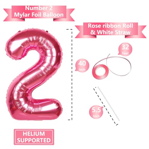 Image of 40 Inch Giant Hot Pink Number Balloon, Mylar Foil Helium Hot Pink Balloons for Birthday Party, Number 2 Balloon for Birthday Decorations, Hot Pink 2 Birthday Balloon
