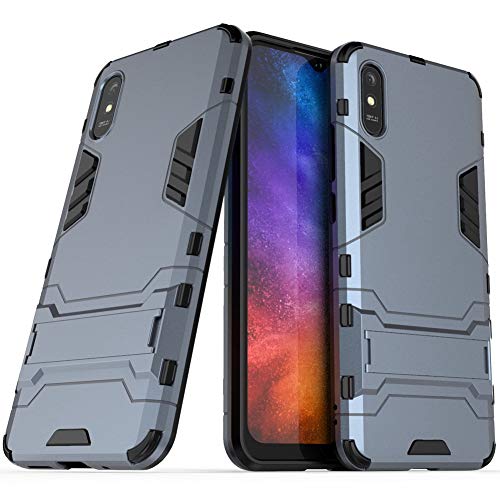 DWaybox Caja del teléfono para Xiaomi Redmi 9A 2in1 Armadura de Doble Capa Cubierta Trasera Resistente a Prueba de Golpes con Soporte -Azul Oscuro