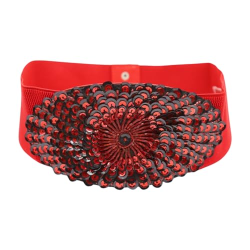 Women Fashion Belt Red Stretch Waistband Hip Waist Black Sequins Beads Peacock S M z043