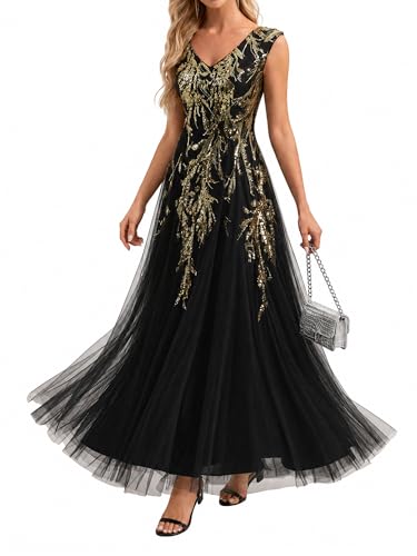 Ever-Pretty Women's Sequin V-Neck Formal Evening Dresses Cap Sleeves Maxi Mother of the Bride Dress Black and Gold US4