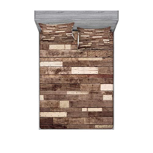 Ambesonne Wooden Print Fitted Sheet & Pillow Sham Set, Wall Floor Textured Planks Panels Art Grain Cottage Lodge Hardwood Pattern, Decorative Printed 3 Piece Bedding Decor Set, Queen, Brown