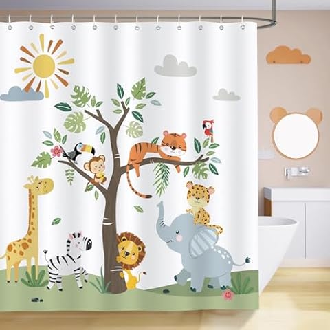 Bonhause Kids Safari Animals Shower Curtain Cover