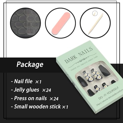SEMATA Spring Black Acrylic Press on Nails Medium Long Square Nails Press ons Coffin Summer Glue on Fake Nail with White Daisy Designs Reusable Artificial Stick on False Nail for Women 24Pcs — view 5