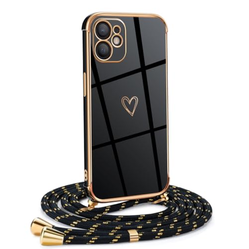 Mkej Frauen Mädchen Handykette Kompatibel mit iPhone 11 - Silikon Hülle mit Band - Handyhülle für iPhone 11 Herz Love Design Galvanik - Hülle mit Kordel in schwarzes Gold