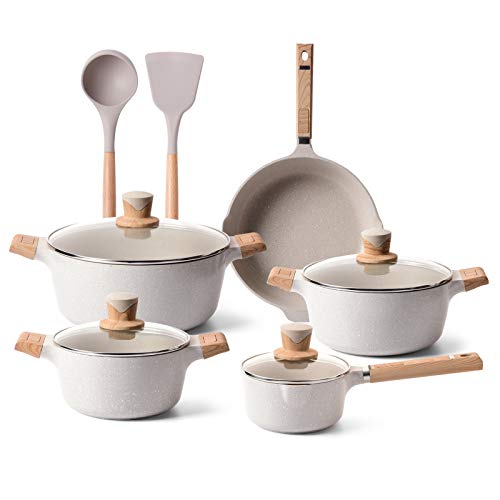 YIIFEEO 11 Pieces Cookware Set, Nonstick Pans and Pots Sets, Stone Non Stick Frying Pans and Saucepan Sets with Cooking Spatula & Spoon, Induction Compatible Beige