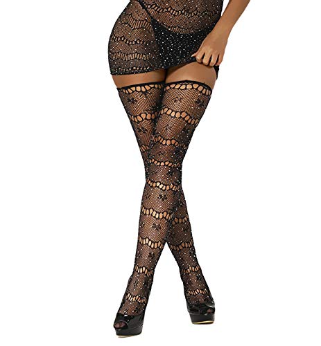 Image of FANCAME Womens Sparkle Thigh High Stockings Patterned Floral Black Stockings Rhinestone Stay Ups Socks Tights