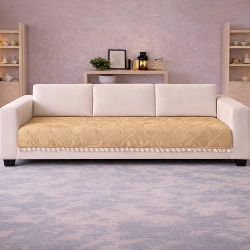 Image of Cortina Velvet Sofa Cover with Tassels | Sofa Couch Protector | Machine Washable Sofa Topper (White, 3 Seater)