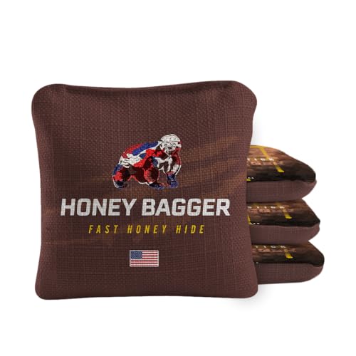 ACA Synergy Pro Dual Sided Cornhole Bags | Honey Bagger Brown Design | Set of (4) All-Weather Resin Filled Stick & Slide Corn Hole Bags