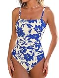 CUPSHE Damen Badeanzug Quadratischer Ausschnitt Bauchweg Raffungen Riemchen Kontrastfarben Einteilige Bademode Swimsuit Weiß/Blau Floral L