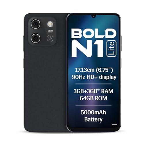 Lava Bold N1 Lite (Crystal Blue, 3 GB RAM, 64 GB Storage) | 6.75' HD+ Display | 13MP AI Dual Rear Camera | 5000 mAh Battery | Secure Face Unlock | Fingerprint Reader | Charger & Phone-Cover in Box