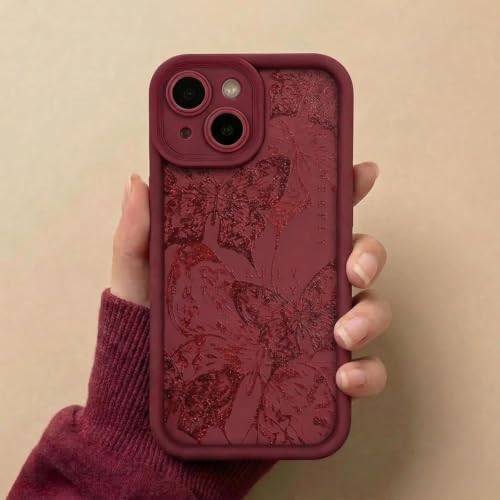 Compatible for iPhone 14 Case, Cute Butterfly with More Bumper Protector for Women, Soft Silicone Shockproof Protective for iPhone Cover - Red Butterfly
