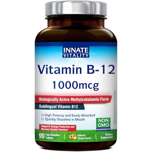 Innate Vitality Vitamin B12 1000mcg Sublingual B12 Methylcobalamin for Energy Metabolism Mental Clarity Nervous System Health Peach Flavor Zero Sugar 90 Fast Dissolve Tablets