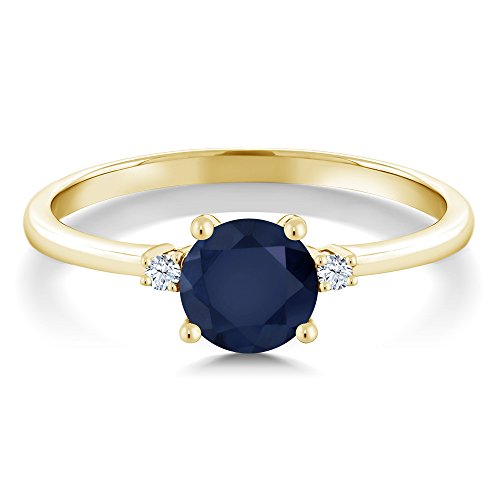 Gem Stone King 10K Yellow Gold Blue Sapphire and White Created Sapphire Solitaire Engagement Ring For Women | 1.03 Cttw | Round 6MM | Gemstone September Birthstone | Available in Size 5,6,7,8,92