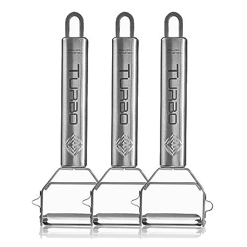TURBO PRODUKTE Set of 3 Stainless Steel Peelers for Fruit and Vegetables - Forwards and Backwards with Pendulum Blade for Left- and Right-Handed Users - 3-in-1 Function