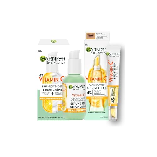 Garnier Vitamin C Glow Booster Set mit Anti-Müdigkeits Augenpflege und Serum Crème, Für eine strahlende und ebenmäßige Haut und zur Milderung von Müdigkeitsanzeichen, SkinActive, 2-teilig