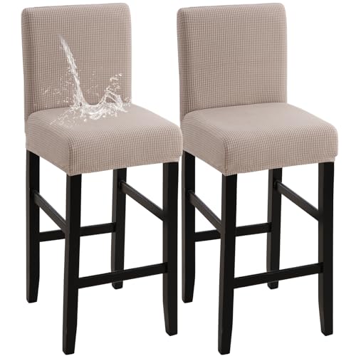 Image of YISUN Waterproof Bar Stool Covers, Stretch Barstool Slipcovers with Backs, Removable Washable Pub Tall Chair Slipcover, Counter Chair Seat Protector Cover, Jacquard Khaki 2 Pack
