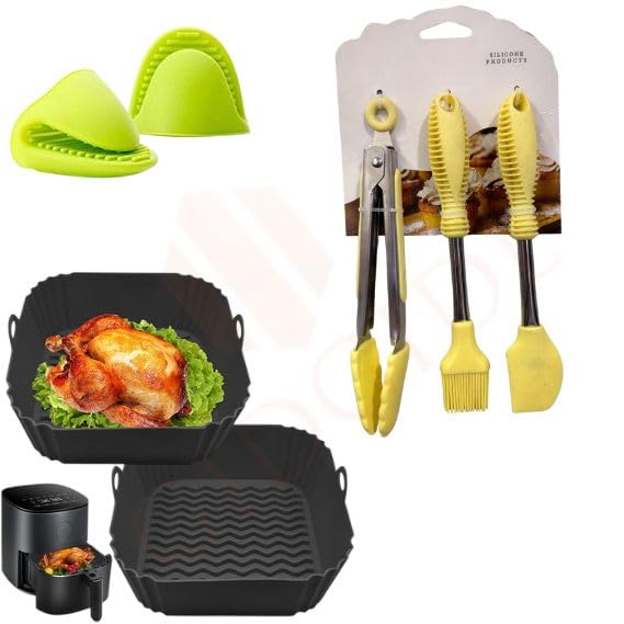 Image of Silicon Air Fryer Tray with Oil Spray Bottle, Basting Brush, Spatula and Heat-Resistant Gloves - Complete Accessories Set