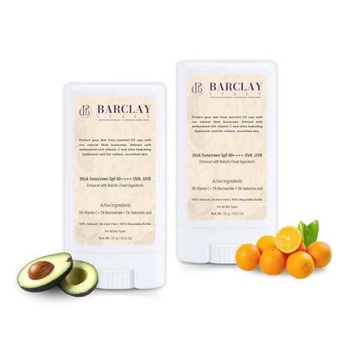 Barclay Italy SPF 60++++ Sun Stick – Mineral Sunscreen with Zinc Oxide, Titanium Dioxide, 5% Vitamin C & 1% Niacinamide | Dermatologist-Approved, No White Cast, Alcohol-Free, Lightweight & Travel-Friendly | Suitable for All Skin Types, pack of 2