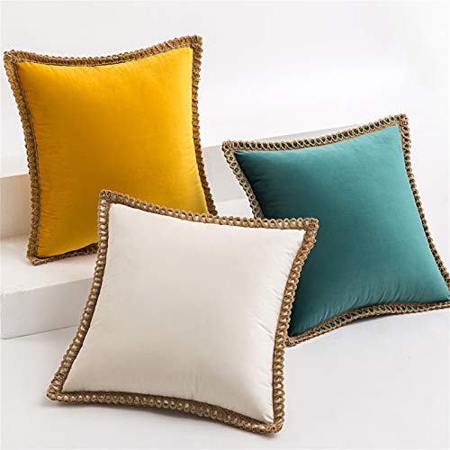 Aqothes Pack Of 2 Velvet Decorative Farmhouse Burlap Trimmed Tailored Edges Decor Pillow Cover Cushion Throw Pillows For Couch Sofa, 18 X 18 Inch, Beige #TOP1