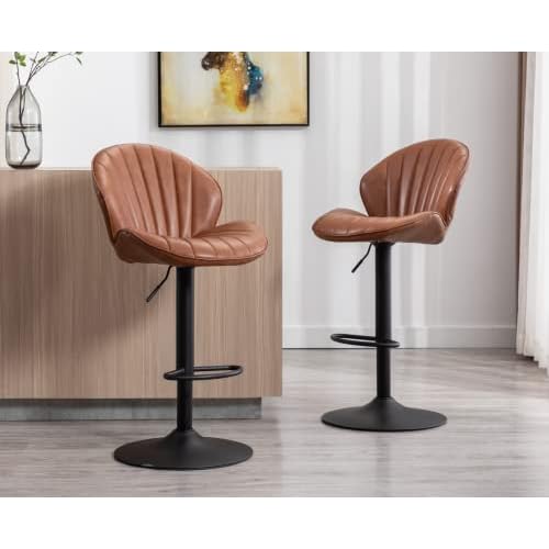 CIMOTA Faux Leather White Bar Stools Set of 2 Adjustable Height Bar Chairs Modern Swivel Barstools with Shell Shape Back Kitchen Stools for Island/Home Bar/Counter, (Gold Base/PU Cream White