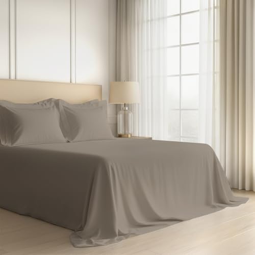 Image of Pizuna 100% Cotton Bedsheet Super King Size Simply Taupe, 600 Thread Count Long Staple Combed Cotton Flat Bedsheets 108x108 Inches with 4 Pillow Covers, Bed Sheet for Super King Size Bed
