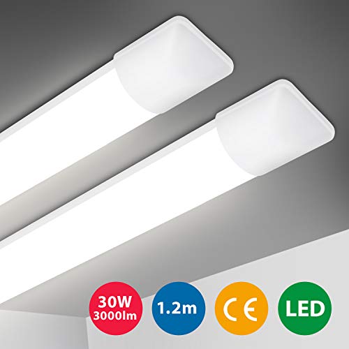 2er LED Deckenleuchte, Oeegoo 120cm LED Röhre Ultraslim, 30W 3000LM LED Deckenlampe Werkstattlampe Schrankleuchte Wannenleuchte, LED Lampe für Garage Keller Küche Bad Warenhaus Neutralweiß 4000K