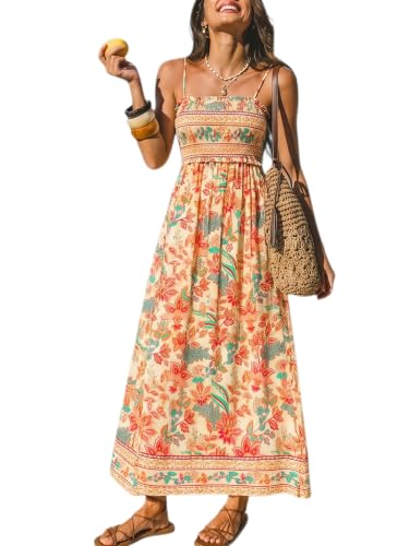 Image of CUPSHE Women Spaghetti Straps Boho Maxi Dress Summer Sleeveless Smocked Floral Beach Long Dress Flowy Cruise Vacation Outfits