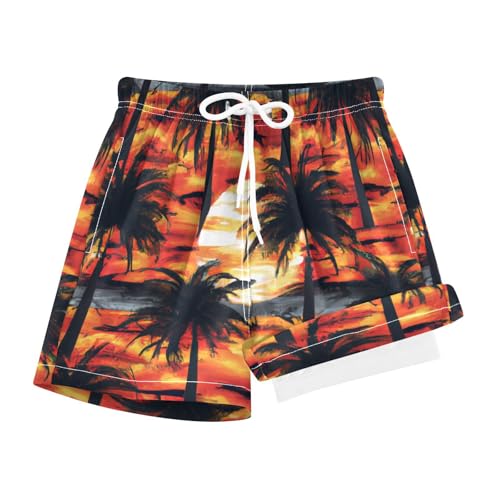 YANENDIE Boy Swim Trunks with Compression Liner Tropical Sunset Palm Trees Boys Swim Shorts Quick Dry Beach Shorts