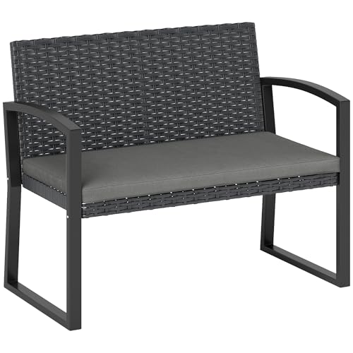 Outsunny Banc de Jardin 2 Places, Banc d'extérieur en résine tressée PE avec Coussin, Banquette de Patio avec accoudoirs, Structure en Acier galvanisé, Gris et Noir