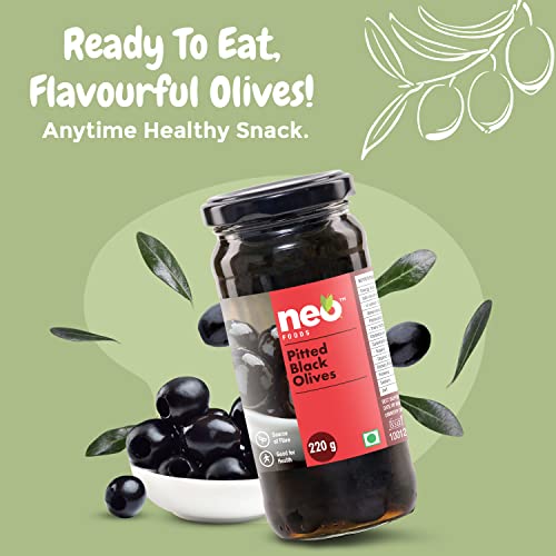Image of Neo Pitted Black Olives 450g l 1 Jar l Low Fat Ready-to-Eat Healthy Snack, Source of Fibre l Enjoy as Topping for Pizza & Pasta l 450g