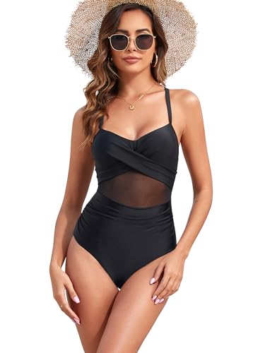 Image of Narecte Women Sexy Mesh One Piece Swimsuit Tummy Control Bathing Suit Push Up High Waisted Swimwear Black S