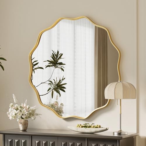 VooBang Gold Scalloped Circle Mirror, 24" Wavy Edge Round Wall Mi...