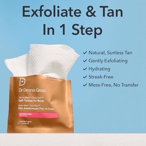 Dr. Dennis Gross Glow Pad Self-Tanner for Body – Exfoliating & Anti-Aging Towelette with AHAs & BHAs, Buildable Natural Glow, Hydrating & Streak-Free Application, 8 Towelettes