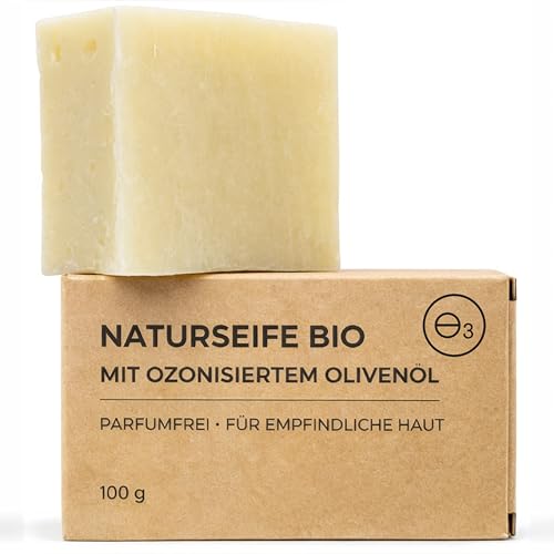 Kernseife natur mit ozonisiertem Olivenöl Naturseife ohne Parfum für Akne Unreinheiten und fettige Haut sanfte Reinigung bei gereizter atopischer und empfindlicher Haut 100 g