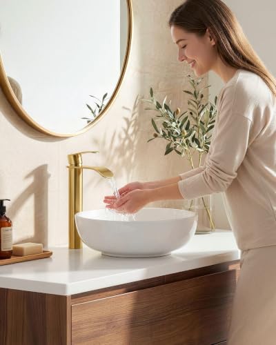 Vessel Sink Faucet Gold for Bathroom:WOWOW Single Handle Tall Bathroom Faucet - Waterfall Single Hole Mixer Bar Tap with Large Rectangular Spout, Deck Mount Lavatory Vanity with Pop Up Drain - image 2