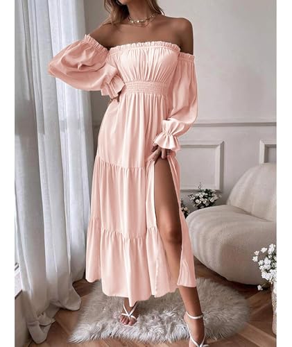 Image of ECDAHICC Women's Boho Sexy Off Shoulder Long Sleeve Maxi Dress High Waist Side Split A Line Tiered Long Dresses