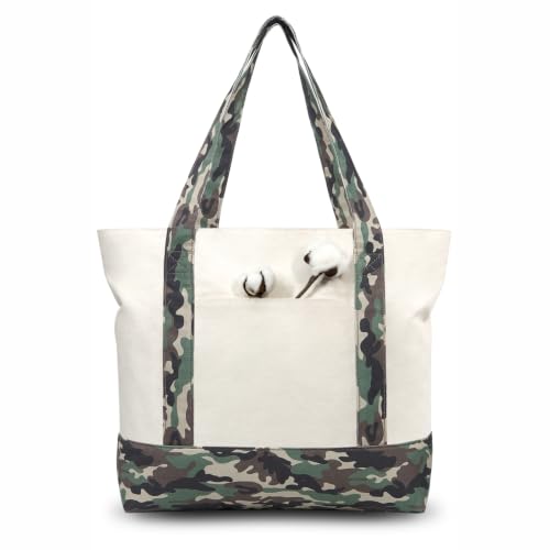Image of TOPDesign 1-Pack Canvas Tote Bag with an External Pocket, Reusable Grocery Shopping Bag, Top Zipper Closure, Daily Essentials (Camo /Natural)