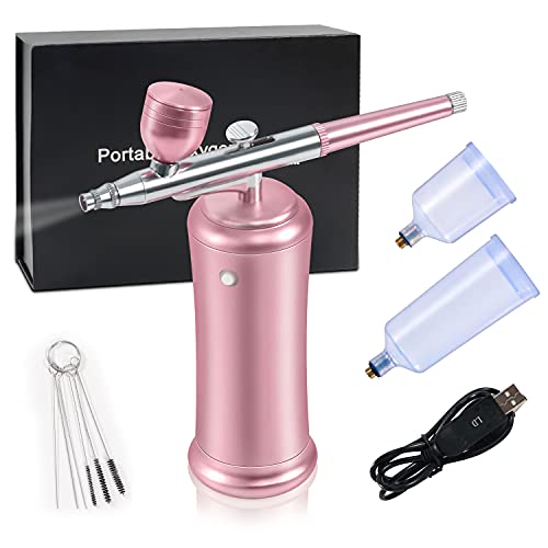 PELCAS Cordless Airbrush Makeup Kit with Compressor Rechargeable Auto Mini Spray Gun Micro Nano for Face Body Home SPA Cake Decoration, Model Coloring, Manicure, Tattoo, Art Drawing (Pink)