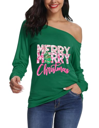 Festive Christmas Tees Women Off Shoulder Long Sleeve 28 christmas tees - green 9