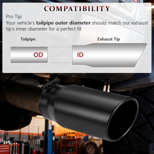 Image of Exhaust Tip 4 inch Inlet 5 inch Outlet 12 inch Long, High Performance Stainless Steel, Peel-Resistant Black Powder Coated, Rolled Angle Cut, Bolt-On Diesel Tail Pipe, Universal for Car Truck
