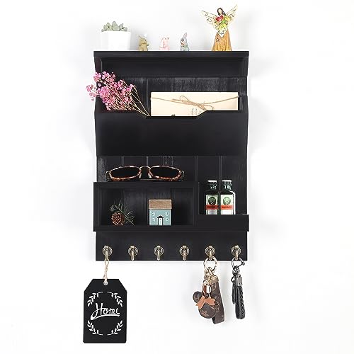 DOPACE-Key-Holder-for-Wall-Mail-and-Key-Holder-Mail-Organizer-Wall-Mounted-Key-and-Mail-Holder-for-Wall-with-6-Key-Hooks-Pine-Wood-Luxury-Black