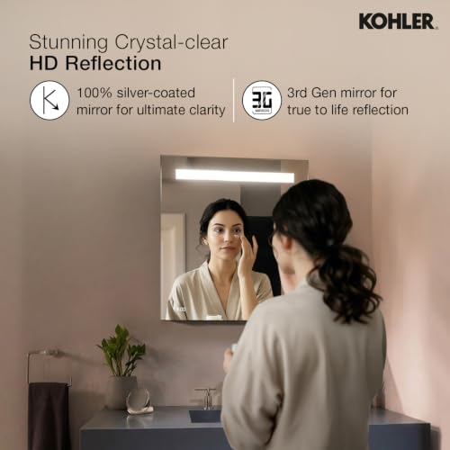 Image of Kohler Forefront Rectangular Light Mirror for Bathroom 600mm X 650mm (24 inch x 26 inch) LED Mirror for Wash Basin- Anti-Steam & Digital Mirror Clock Display - Touchless Control - High Definition Reflection