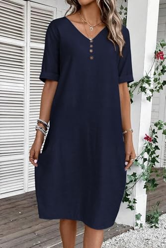 Robe décontractée en lin col en V anti-transpiration avec poches intégrées