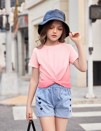 Image of Arshiner Girls Casual Tie Dye Short-Sleeve T-Shirt Cute Print Summer Blouse for Girls Twist Front Tunic Tee Tops
