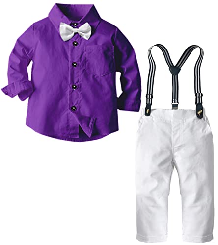 Image of SANGTREE Boys Gentleman Clothes Set, Short Sleeve Shirt with Bowtie + Suspender Pants Outfit, 3 Months - 6 Years
