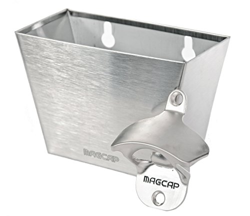 MAGCAP Magnetic Wall Mounted Bar - Style Bottle Opener and Bottle Cap Catcher Set for Beer and Sodas - Stylish Easy to Install and Effortless to Use - Collects the Caps so You Dont Have to